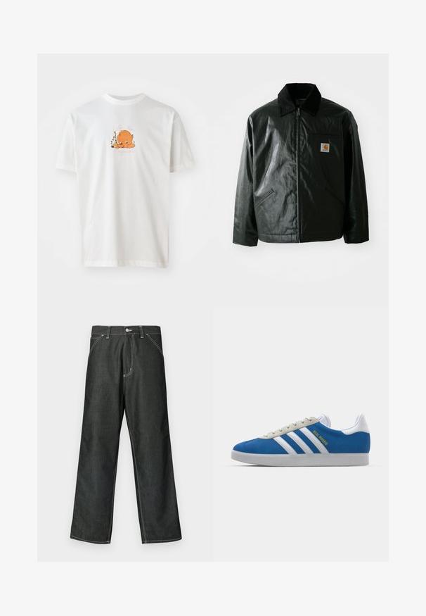 Casaco preto com fecho éclair, feito de material liso e brilhante. Apresenta um colarinho de veludo, dois bolsos frontais e um pequeno emblema no peito.; T-shirt branca de algodão com decote redondo. A parte da frente apresenta um personagem de desenho animado laranja rodeado por flores e texto em rosa.; Calças de ganga escura de perna larga com costuras brancas, design padrão de cinco bolsos, fecho com botão de metal e bainhas direitas.; adidas Originals ADIDAS GAZELLE SHOES - Botas de futebol de salão - real madrid/bluebird/footwear white/crew yellow