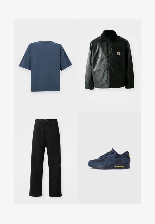 Sort lynlåsejakke lavet af glat, blankt materiale. Har en kordfløjlsfarvet krave, to forlommer og et lille logo-patch på brystet.; Navy blå oversized kortærmet T-shirt med et lille Carhartt-logo broderet på venstre bryst mod en hvid baggrund.; Sorte denimbukser med lige snit, der har frontlommer, lynlås og en enkelt knap i toppen. Struktureret stof med en mat finish.; Mørkeblå Nike Air Max sneakers med overdel i ruskind og mesh, med gule detaljer, snørelukning foran og synligt luftdæmpning i sålen.