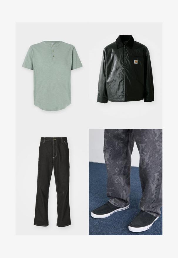 Black zip-up jacket made of smooth, shiny material. Features a corduroy collar, two front pockets, and a small logo patch on the chest.; Mint green short-sleeve henley shirt made of soft fabric, featuring a round neckline and three button placket with rounded hem.; Black denim jeans with a loose fit, featuring contrasting white stitching, a button closure, and a straight leg design.; Black slip-on shoes with white sole, textured, paired with grey jeans featuring a subtle patterned design, set against a blue carpet background.