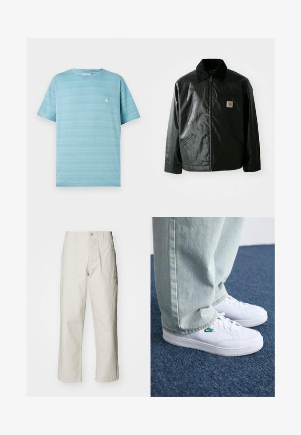 Črna jakna na zadrgo, izdelana iz gladkega, sijočega materiala. Ima žametni ovratnik, dva sprednja žepa in majhno oznako logotipa na prsih.; Svijetloplava majica kratkih rukava s horizontalnim prugama i malim logom na prsima. Izrađena od mekog materijala s opuštenim krojem.; Svetlo bež široke hlače iz bombaža. Imajo sprednje žepe in gumbasto zapiranje. Gladka tekstura z subtilnimi navpičnimi črtami.; Bela usnjena športna obutev z zelenim Nike logotipom, okrogla konica, ravna podplat, v kombinaciji z svetlo modrimi kavbojkami, prikazana na modrem preprogu.