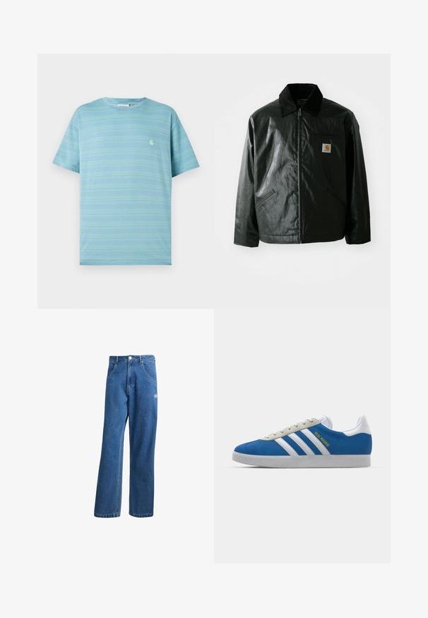 Zwarte ritssluiting jas van glad, glanzend materiaal. Heeft een corduroy kraag, twee voorzakken en een klein logo label op de borst.; Lichtblauw T-shirt met korte mouwen, voorzien van horizontale strepen en een klein logo op de borst. Gemaakt van zachte stof met een losse pasvorm.; Blauwe hoge taille wijde spijkerbroek met voorzakken, riemlussen, knoopsluiting en klein Adidas-logo op de rechterdij.; adidas Originals ADIDAS GAZELLE SHOES - Zaalvoetbalschoenen - real madrid/bluebird/footwear white/crew yellow