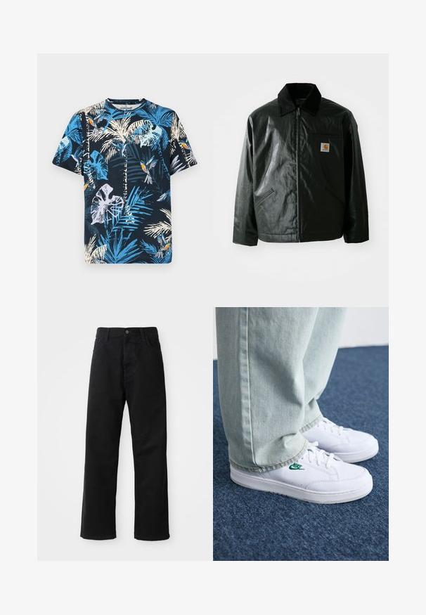 Μαύρο μπουφάν με φερμουάρ, φτιαγμένο από λείο, γυαλιστερό υλικό. Διαθέτει κοτλέ γιακά, δύο μπροστινές τσέπες και μια μικρή ετικέτα λογότυπου στο στήθος.; Κοντομάνικο βαμβακερό μπλουζάκι με ναυτικό φόντο και φωτεινά μπλε και λευκά σχέδια από φύλλα παλμίας και πουλιά. Στυλ crew neck με χαλαρή εφαρμογή.; Μαύρο τζιν παντελόνι με ίσια γραμμή, που διαθέτει μπροστινές τσέπες, φερμουάρ και ένα μόνο κουμπί στην κορυφή. Υφασμάτινη επιφάνεια με ματ φινίρισμα.; Λευκά δερμάτινα sneakers με πράσινο λογότυπο Nike, στρογγυλή μύτη, επίπεδη σόλα, συνδυασμένα με ανοιχτό μπλε τζην παντελόνι, τοποθετημένα σε μπλε χαλί.
