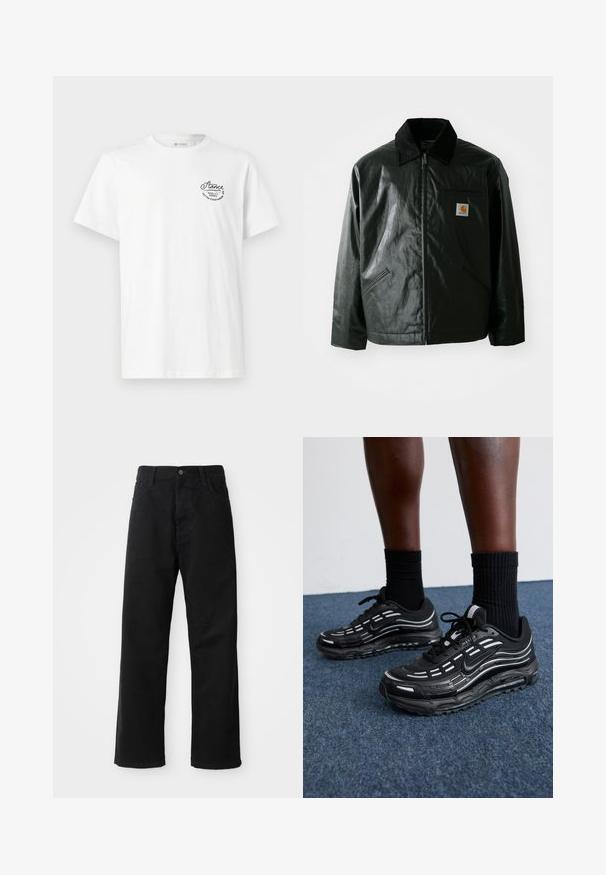 Crna zip-up jakna izrađena od glatkog, sjajnog materijala. Ima okovratnik od kordura, dva prednja džepa i mali logotip na prsima.; Bijela pamučna majica s okruglim izrezom i kratkim rukavima, s crnim izvezenim logom na gornjem lijevom dijelu.; Crne traperice ravnog kroja, s prednjim džepovima, patentnim zatvaračem i jednim gornjim dugmetom. Teksturirana tkanina s mat završetkom.; Crne Nike tenisice imaju gornji dio od mrežaste tkanine s naglasnim prugama, teksturiranim vezicama i crnom gumenom potplatom. Nosedne su s crnim rebrastim čarapama.