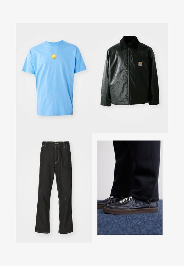 Black zip-up jacket made of smooth, shiny material. Features a corduroy collar, two front pockets, and a small logo patch on the chest.; Light blue cotton t-shirt featuring a yellow Nike label with black and white stripes on the chest. Classic crew neck and short sleeves.; Black denim jeans with a loose fit, featuring contrasting white stitching, a button closure, and a straight leg design.; Nike Sportswear KILLSHOT 2 LTR PRM OPP2 - Trainers - black sail baroque brown mtlc dk grey