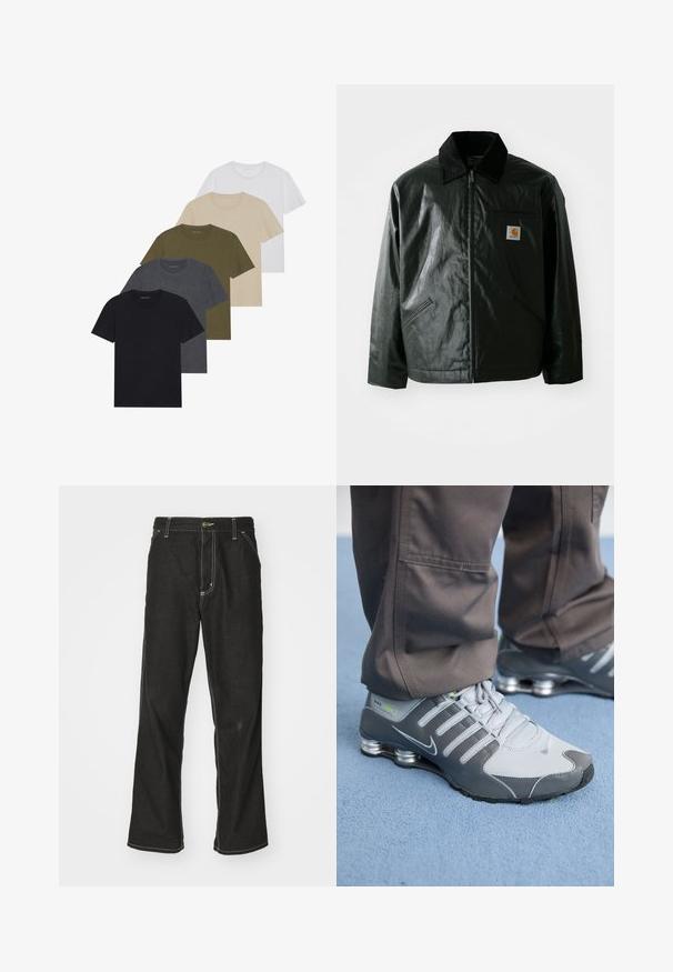 Fekete zipzáros dzseki sima, fényes anyagból. Kordbársony gallérral, két elülső zsebbel és egy kis logós felvarrással a mellkason.; Öt crew-neck póló elrendezve színátmenetben: fekete, sötétszürke, olíva zöld, bézs és fehér. Puha, légáteresztő anyagból készült.; Fekete farmernadrág laza szabással, kontrasztos fehér varrással, gombos záródással és egyenes lábmegoldással.; Szürke és ezüst Nike Shox sportcipők elegáns dizájnnal rendelkeznek, hálós és szintetikus anyagokból készültek, lekerekített orral és párnázott gallérral.
