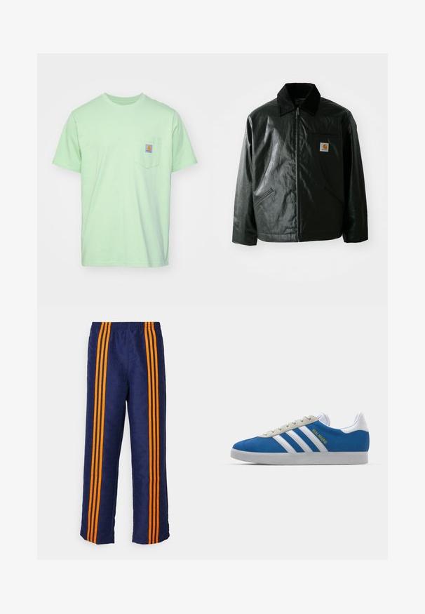 Svart zip-up jakke laget av jevnt, blankt materiale. Har en kordfløyelskrage, to frontlommer og en liten logo-lapp på brystet.; Carhartt WIP POCKET - T-shirts - charm green; Marineblå bukser med et helhetlig mønster, med tre tydelige oransje striper som går ned langs hver side. Elastisk midjebånd øverst.; adidas Originals ADIDAS GAZELLE SHOES - Innendørsfotballsko - real madrid/bluebird/footwear white/crew yellow