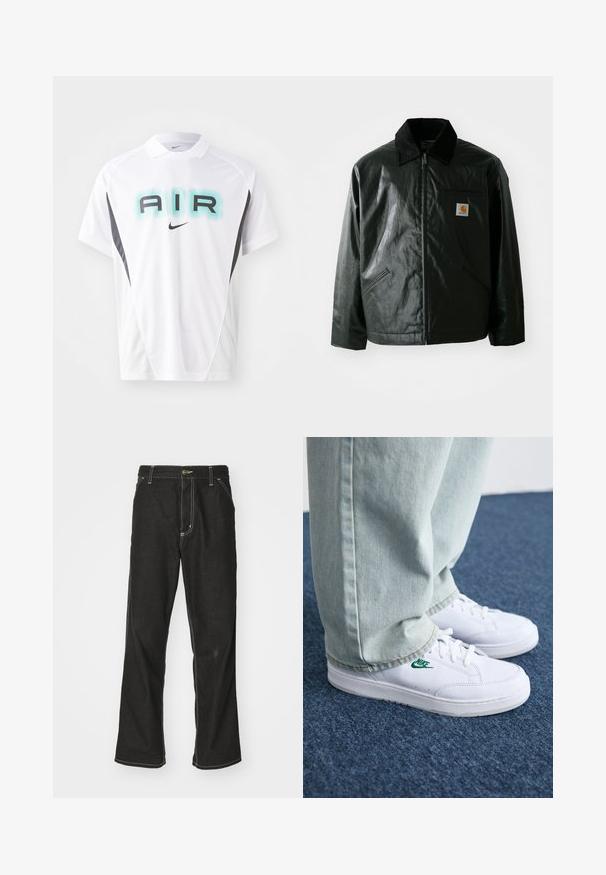 Black zip-up jacket made of smooth, shiny material. Features a corduroy collar, two front pockets, and a small logo patch on the chest.; White Nike T-shirt with short sleeves, featuring "AIR" in turquoise and black text, accented with a black side panel and collar design.; Black denim jeans with a loose fit, featuring contrasting white stitching, a button closure, and a straight leg design.; White leather sneakers with green Nike logo, round toe, flat sole, paired with light blue denim pants, shown on a blue carpet.