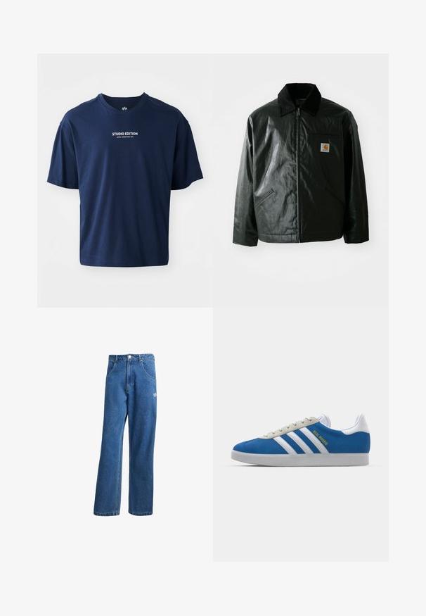 Black zip-up jacket made of smooth, shiny material. Features a corduroy collar, two front pockets, and a small logo patch on the chest.; Navy blue short-sleeve T-shirt made of cotton, featuring a round neckline and white text reading "STUDIO EDITION" on the front.; Blue high-waist wide-leg denim jeans with front pockets, belt loops, button closure, and small Adidas logo on the right thigh.; adidas Originals ADIDAS GAZELLE SHOES - Indoor football boots - real madrid/bluebird/footwear white/crew yellow