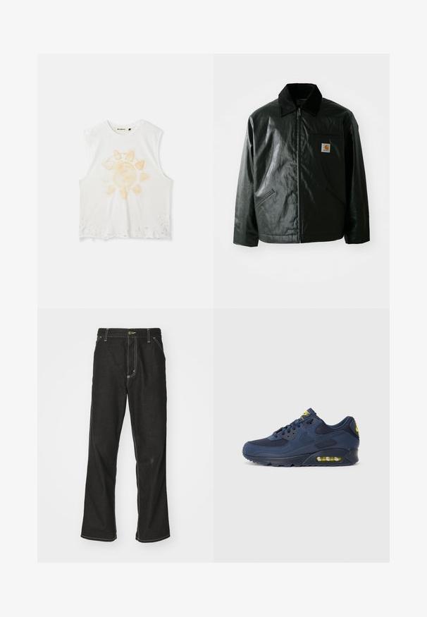 Črna jakna na zadrgo, izdelana iz gladkega, sijočega materiala. Ima žametni ovratnik, dva sprednja žepa in majhno oznako logotipa na prsih.; Bela brezrokavna kratka majica s poškrobljenim robom in grafiko sonca v svetlo oranžni barvi ter pisnim detajlom, narejena iz mehke, teksturirane tkanine.; Črne jeans hlače ohlapenega kroja, ki imajo kontrastno belo šivanje, zapiranje na gumb in ravno nogavico.; Temno modri Nike Air Max športni copati z zgornjim delom iz usnja in mrežaste tkanine, z rumenimi poudarki, vezanjem spredaj in vidnim zračnim blaženjem v podplatu.
