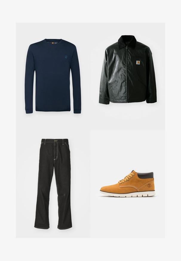 Must mustaga, läikiva materjaliga musta värvi jakk. Omab kordonilõikega kraed, kahte esikäe taskut ja väikest logo sildi rinnal.; Timberland DUNSTAN RIVER LONG SLEEVE TEE - Pikkade varrukatega topp - dark sapphire; Mustadest denimist püksid, lahtise lõikega, kontrastsete valgete õmblustega, nööbiga kinnitamine ja sirge säär.; Pruunist suede'ist looderdised kingad polsterdatud kraega, kuldsete silmade ja paeltega, kontrastse õmblusega ning valge kummist tallaga.