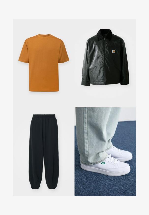 Juodas užtrauktuku užsegamas švarkas, pagamintas iš glotnaus, blizgaus medžiagos. Savybė - keteros apykaklė, dvi priekinės kišenės ir mažas logotipo ženklelis ant krūtinės.; Selected Homme SLHLOOSEOSCAR O NECK TEE - Paprasti marškinėliai - cathay spice; Juodi, su elastiniu juosmeniu sportiniai kelnės su laisvu siluetu, suapvalintais kulkšnimis, lygia tekstūra ir be matomų raštų ar metalinių akcentų.; Balti odiniai sportbačiai su žaliu Nike logotipu, apvalia nosimi, plokščiu padu, derinami su šviesiai mėlynomis džinsinėmis kelnėmis, rodomi ant mėlynos kiliminės dangos.