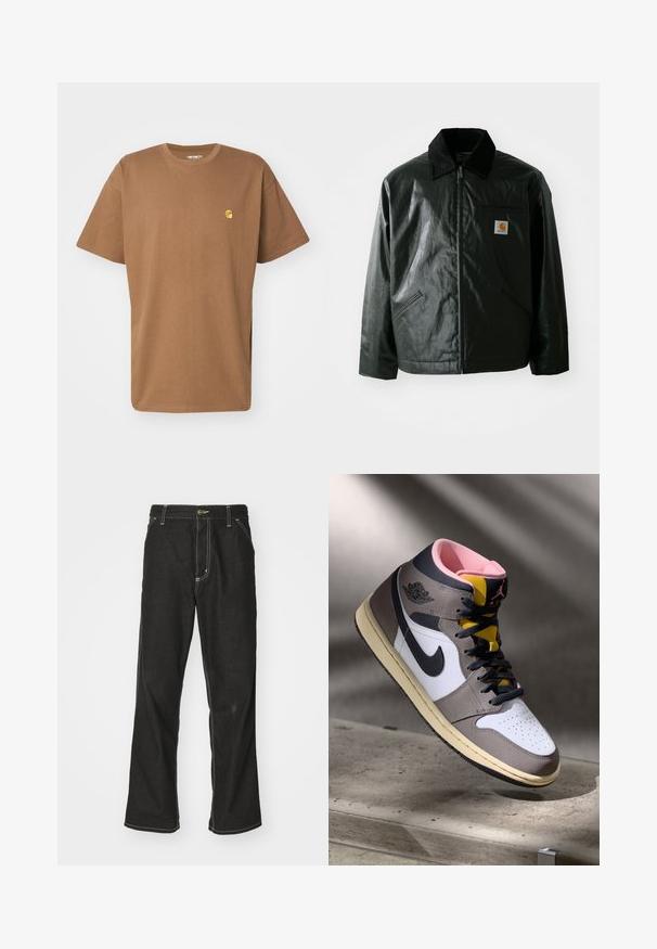 Giacca nera con zip realizzata in materiale liscio e lucido. Presenta un colletto in corduroy, due tasche frontali e una piccola patch con logo sul petto.; Carhartt WIP CHASE - T-shirt basic - chocolate/gold; Jeans in denim nero con una vestibilità ampia, caratterizzati da cuciture bianche a contrasto, chiusura a bottone e un design a gamba dritta.; Sneaker Nike Air Jordan alta in bianco, grigio e nero con interno rosa e linguetta gialla, posizionata su una superficie di cemento.