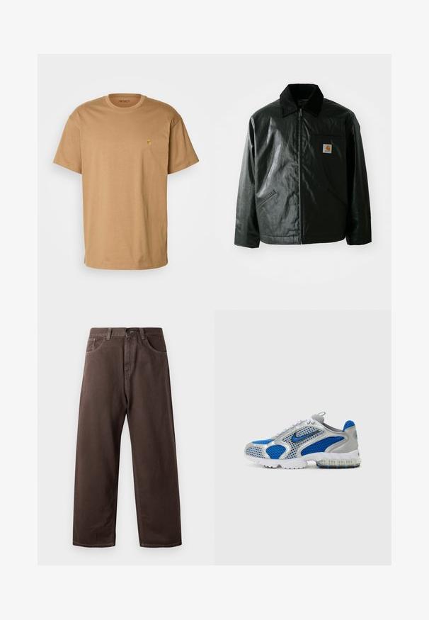 Chaqueta negra con cremallera hecha de un material liso y brillante. Presenta un cuello de pana, dos bolsillos frontales y un pequeño parche con el logo en el pecho.; Carhartt WIP CHASE - Camiseta básica - peanut/gold; Pantalones de pierna ancha marrones hechos de algodón, con un clásico diseño de cinco bolsillos, cremallera y detalles de costura visibles.; Zapatillas deportivas azules y plateadas con paneles de malla, un collar acolchado y una suela translúcida con acentos azules. Los cordones en contraste completan el diseño.