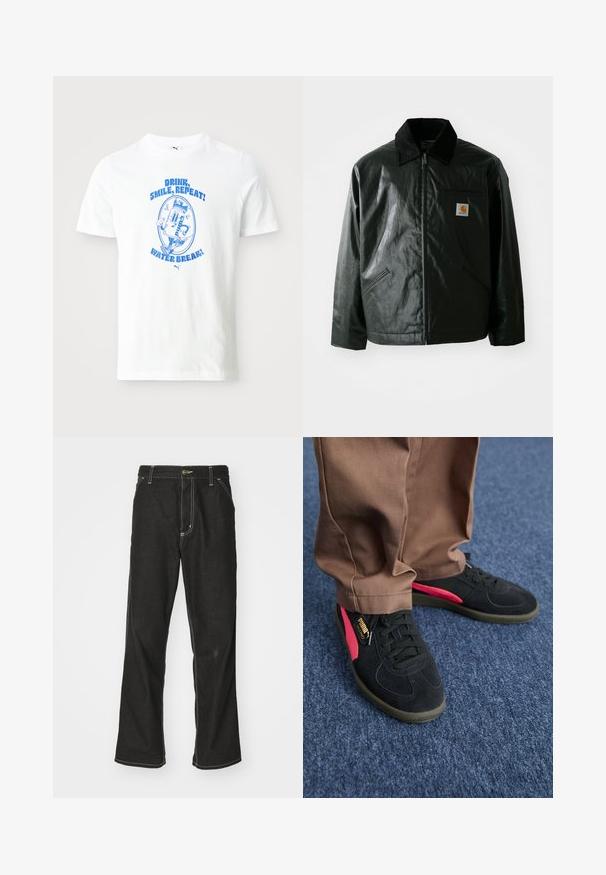 Černá zipová bunda vyrobená z hladkého, lesklého materiálu. Má jemný manžetový límec, dvě přední kapsy a malou značkovou nášivku na hrudi.; Bílý bavlněný tričko s modrým grafickým designem a textem: "Pij, usmívej se, opakuj!" a "Pauza na vodu!" v hravém písmu. Krátké rukávy.; Černé denimové džíny s volným střihem, s kontrastním bílým prošíváním, zapínáním na knoflík a rovnými nohavicemi.; Černé semišové tenisky s růžovými akcenty a standardními tkaničkami. Mají texturovanou černou podrážku a štítek s logem PUMA na jedné botě.