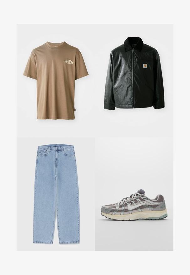 Svart zip-up jakke laget av jevnt, blankt materiale. Har en kordfløyelskrage, to frontlommer og en liten logo-lapp på brystet.; Brun bomull t-skjorte med rund hals, korte ermer, og en hvit logo med teksten "Dickies Workwear" på venstre bryst.; Lyseblå denimjeans med rett ben-design, med mid-rise liv, fem lommer og knap og lynlås lukning.; Grå treningssko med overdel i nett og semsket skinn, hvite detaljer, en polstret såle, og et særpreget design med reflekterende elementer.