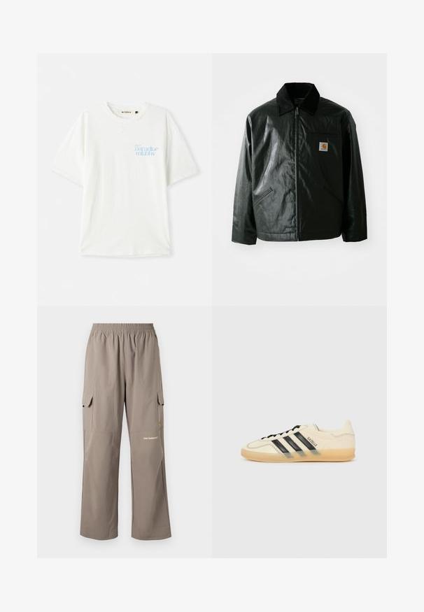 Črna jakna na zadrgo, izdelana iz gladkega, sijočega materiala. Ima žametni ovratnik, dva sprednja žepa in majhno oznako logotipa na prsih.; Bela bombažna majica s prostim krojem, z okroglim izrezom. Na zgornji levi strani prikazuje svetlo modro besedilo. Teksturna tkanina.; Cargo hlače iz lahkega materiala, v taupe barvi, z elastičnim pasom, stranskimi žepi in subtilnim logotipom blagovne znamke.; Svetlo kremne teniske z vzorcem črnih treh črt, teksturirano zgornji del, okroglo konico in gumijast podplat. Imajo vezalke in blagovno znamko na strani.