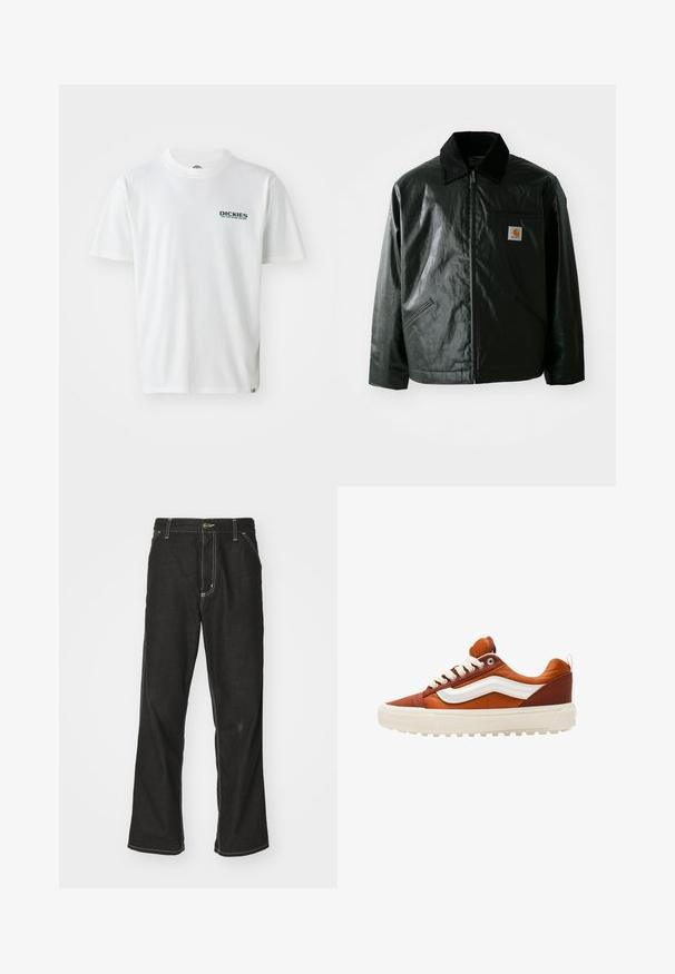 Černá zipová bunda vyrobená z hladkého, lesklého materiálu. Má jemný manžetový límec, dvě přední kapsy a malou značkovou nášivku na hrudi.; Bílý bavlněný tričko s krátkými rukávy, sází na zelený logo "DICKIES ON THE ROAD AGAIN" na levé části hrudi. Standardní design s kulatým výstřihem.; Černé denimové džíny s volným střihem, s kontrastním bílým prošíváním, zapínáním na knoflík a rovnými nohavicemi.; Hnědé a bílé tenisky s plátěným a koženým svrškem, kulatou špičkou, plochými tkaničkami a texturovanou gumovou podrážkou. Obsahují podpisový boční pruh.