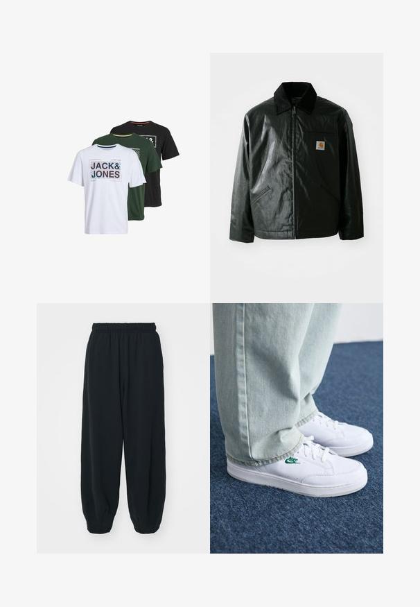 Zwarte ritssluiting jas van glad, glanzend materiaal. Heeft een corduroy kraag, twee voorzakken en een klein logo label op de borst.; Drie T-shirts met korte mouwen in wit, groen en zwart, voorzien van grafische prints met de tekst "JACK & JONES" in verschillende stijlen en kleuren.; Zwarte, elastiche sweatpants met een losse pasvorm, manchetten aan de enkels, een zachte textuur en zonder zichtbare patronen of hardwareaccenten.; Witte leren sneakers met groen Nike-logo, ronde neus, platte zool, gedragen met lichtblauwe denim broek, weergegeven op een blauwe vloerkleed.