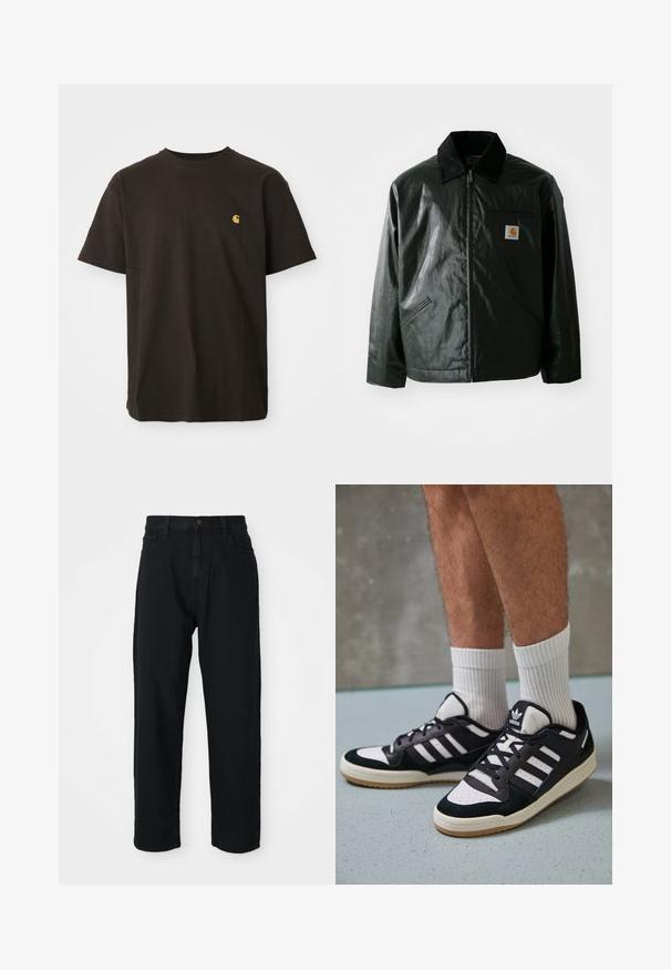 Fekete zipzáros dzseki sima, fényes anyagból. Kordbársony gallérral, két elülső zsebbel és egy kis logós felvarrással a mellkason.; Fekete pamut póló, kerek nyakkivágással, rövid ujjakkal és egy kis sárga logóval a mellkason. Klasszikus fazon, sima textúrával.; Fekete farmernadrág egyenes szabással. Klasszikus öt zsebes dizájn, gombos záródás és diszkrét szövet textúra jellemzi.; Fekete-fehér tornacipők velúr és bőr felsőrésszel, három fehér csíkkal, perforált orral és gumi talppal.