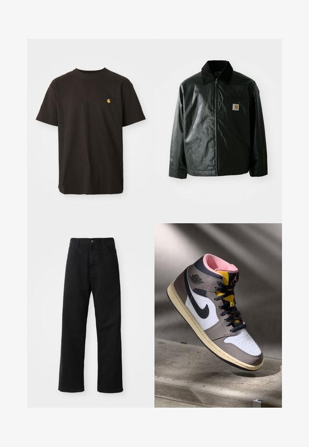 Čierna bundu na zips vyrobenú z hladkého, lesklého materiálu. Obsahuje kordový golier, dve predné vrecká a malú nášivku s logom na hrudi.; Čierne bavlnené tričko s okrúhlym výstrihom, krátkymi rukávmi a malým žltým logom na hrudi. Klasický strih s hladkou textúrou.; Čierne denimové nohavice so rovným strihom, vystúpené predné vrecká, zips a jedno horné gombík. Štruktúrovaná tkanina s matným povrchom.; Biele, šedé a čierne vysoké tenisky Nike Air Jordan s ružovým interiérom a žltým jazykom, umiestnené na betónovom povrchu.