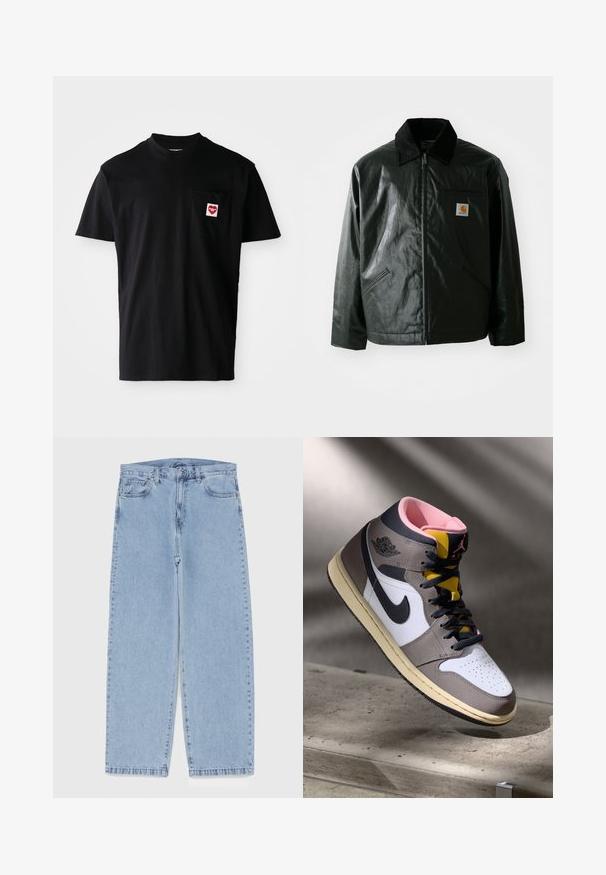 Black zip-up jacket made of smooth, shiny material. Features a corduroy collar, two front pockets, and a small logo patch on the chest.; Black cotton t-shirt with a round neckline, short sleeves, and a left chest pocket featuring a red heart patch with white text.; Light blue denim jeans with straight leg design, featuring a mid-rise waist, five pockets, and a button and zipper closure.; High-top Nike Air Jordan sneaker in white, grey, and black with pink interior and yellow tongue, positioned on a concrete surface.