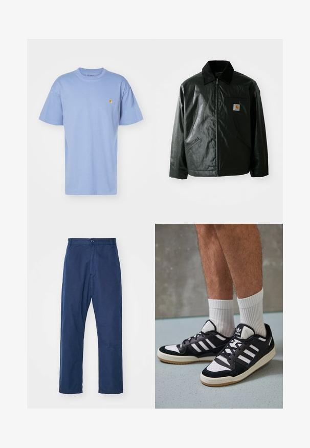 Fekete zipzáros dzseki sima, fényes anyagból. Kordbársony gallérral, két elülső zsebbel és egy kis logós felvarrással a mellkason.; Világoskék pamut póló kerek nyakkal és rövid ujjakkal. A bal mellen található egy kis sárga logo. Puha tapintású, normál fazonú.; Tengerészkék, egyenes lábú, pamut nadrág. Elöl gombos záródással és finom textúrával rendelkezik, oldalzsebekkel és övhurkokkal.; Fekete-fehér tornacipők velúr és bőr felsőrésszel, három fehér csíkkal, perforált orral és gumi talppal.