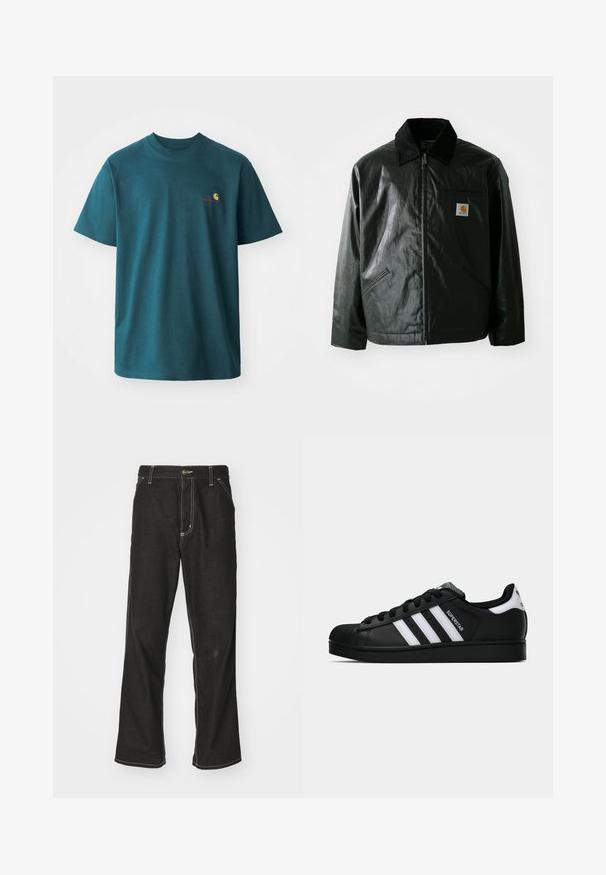 Schwarze Zip-Jacke aus glattem, glänzendem Material. Verfügt über einen Cordkragen, zwei Fronttaschen und ein kleines Logo-Patch auf der Brust.; Türkisfarbendes Baumwoll-T-Shirt mit kurzen Ärmeln, Rundhalsausschnitt und einem kleinen gestickten Logo in Gelb und Rot auf der linken Brust.; Schwarze Denim-Jeans mit lockerer Passform, kontrastierenden weißen Nähten, einem Knopfverschluss und geradem Bein.; Schwarzer Adidas Superstar Sneaker mit weißen Streifen, Schalenzehen und "Superstar"-Schriftzug an der Seite, im Seitenprofil auf weißem Hintergrund dargestellt.