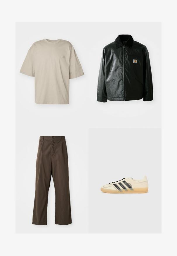 Fekete zipzáros dzseki sima, fényes anyagból. Kordbársony gallérral, két elülső zsebbel és egy kis logós felvarrással a mellkason.; Bézs színű, oversized pamut póló, kerek nyakkivágással és rövid ujjakkal, bal mellrészen egy kis logóval.; Barna, bő szárú pamut nadrág, elülső gombzárral, övhurkokkal és sima, matt felülettel.; Világoskrém színű sneaker fekete háromsávos dizájnnal, textúrált felsőrésszel, kerek orral és gumitalppal. Felszereltsége közé tartozik a fűzés és a logó az oldalán.