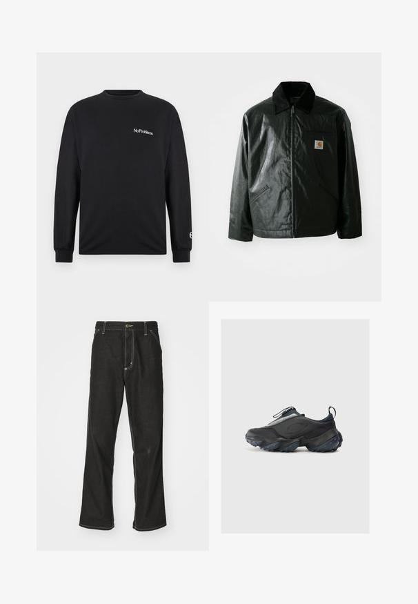 Zwarte ritssluiting jas van glad, glanzend materiaal. Heeft een corduroy kraag, twee voorzakken en een klein logo label op de borst.; Zwart langearm T-shirt van katoen. Bevat de tekst "No Problemo" op de borst en een logo op de mouw. Ronde halslijn en aansluitende manchetten.; Zwarte denim jeans met een losse pasvorm, voorzien van contrasterende witte stiksels, een knoopsluiting en een recht ontwerp.; Zwarte sportschoenen met een slank design, voorzien van een gestructureerde bovenkant, grijze accenten en een robuuste tussenzool met blauwe gripnoppen.