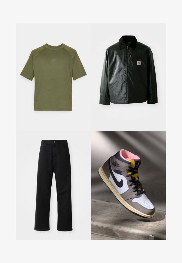 Svart zip-up jakke laget av jevnt, blankt materiale. Har en kordfløyelskrage, to frontlommer og en liten logo-lapp på brystet.; Oliven grønn kortermet t-skjorte laget av bomull, med rund hals og en liten grå logo på midten av brystet. Glatt tekstur.; Svart denimbukser med rett snitt, med frontlommer, glidelåsgylf og en enkelt knapp i toppen. Teksturert stoff med matt overflate.; Høy topp Nike Air Jordan-sneaker i hvit, grå og svart med rosa indre og gul tunge, plassert på en betongoverflate.