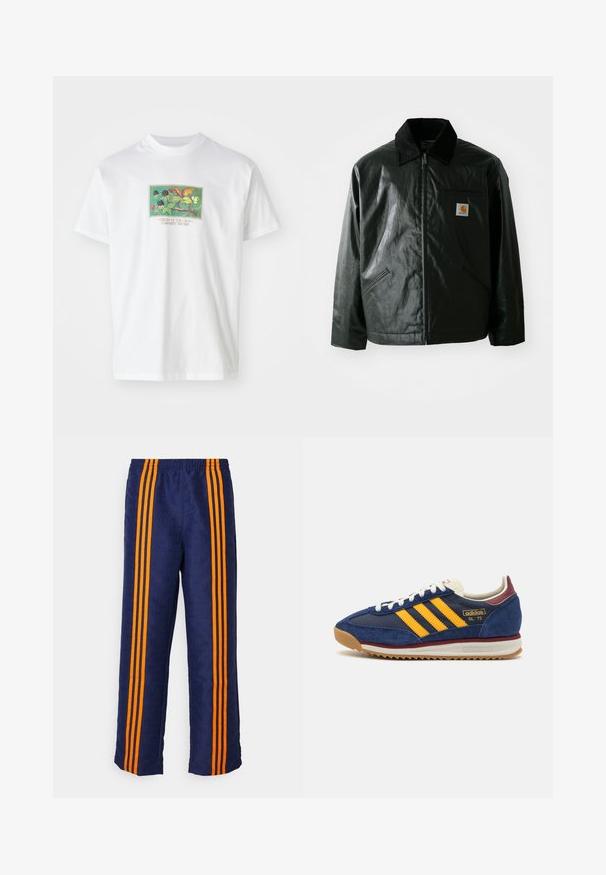 Black zip-up jacket made of smooth, shiny material. Features a corduroy collar, two front pockets, and a small logo patch on the chest.; White cotton t-shirt featuring a colorful, illustrated graphic of plants and fruits. Text below reads "CREAM OF THE CROP CARHARTT WIP 1989."; Navy blue pants featuring an all-over patterned texture, with three bold orange stripes running down each side. Elastic waistband at the top.; Navy suede sneaker with yellow stripes, white laces, and burgundy accents. Textured sole with grooves for traction. Brand logo on side.