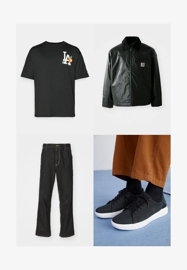 Chaqueta negra con cremallera hecha de un material liso y brillante. Presenta un cuello de pana, dos bolsillos frontales y un pequeño parche con el logo en el pecho.; Camiseta de algodón negra con mangas cortas que presenta un gráfico blanco de "LA" y una naranja con hojas verdes en la parte izquierda del pecho.; Jeans de mezclilla negra con un corte holgado, que cuentan con costuras blancas contrastantes, cierre de botón y un diseño de pierna recta.; Zapatillas de ante negro con suelas de goma blanca, que presentan un diseño con cordones, acentos texturizados y una marca sutil, combinadas con pantalones marrones.