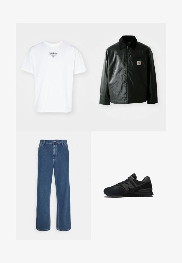 Black zip-up jacket made of smooth, shiny material. Features a corduroy collar, two front pockets, and a small logo patch on the chest.; White cotton t-shirt with a round neckline, loose fit, and a silver graphic design featuring wings on the chest area.; Blue denim jeans with a straight cut, five-pocket design, metal button closure, and visible stitching along seams and hem.; Black sneaker featuring a suede and mesh upper, thick sole, and prominent 'N' logo on the side. Textured design with lace closure.