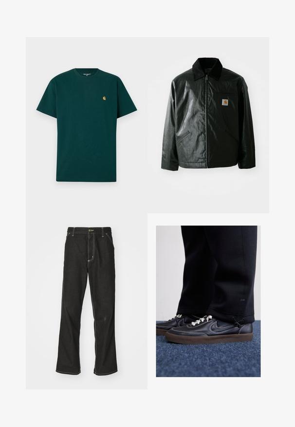 Black zip-up jacket made of smooth, shiny material. Features a corduroy collar, two front pockets, and a small logo patch on the chest.; Green cotton t-shirt with short sleeves, round neckline, and a small yellow logo on the chest. Smooth texture and plain design.; Black denim jeans with a loose fit, featuring contrasting white stitching, a button closure, and a straight leg design.; Nike Sportswear KILLSHOT 2 LTR PRM OPP2 - Trainers - black sail baroque brown mtlc dk grey