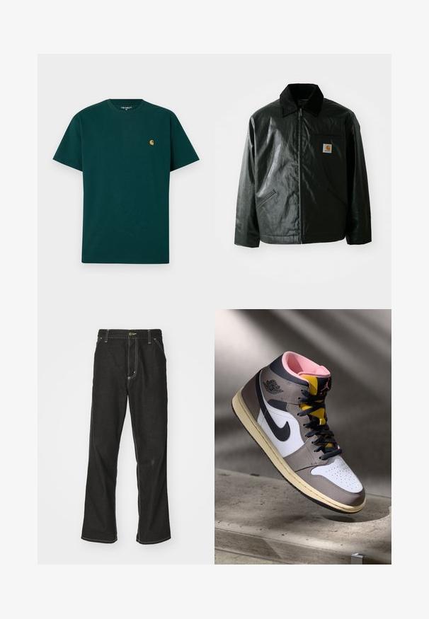 Čierna bundu na zips vyrobenú z hladkého, lesklého materiálu. Obsahuje kordový golier, dve predné vrecká a malú nášivku s logom na hrudi.; Zelené bavlnené tričko s krátkymi rukávmi, okrúhlym výstrihom a malým žltým logom na hrudi. Hladká textura a jednoduchý dizajn.; Čierne denimové nohavice s voľným strihom, s kontrastným bielym prešívaním, uzáverom na gombík a rovnými nohavicami.; Biele, šedé a čierne vysoké tenisky Nike Air Jordan s ružovým interiérom a žltým jazykom, umiestnené na betónovom povrchu.