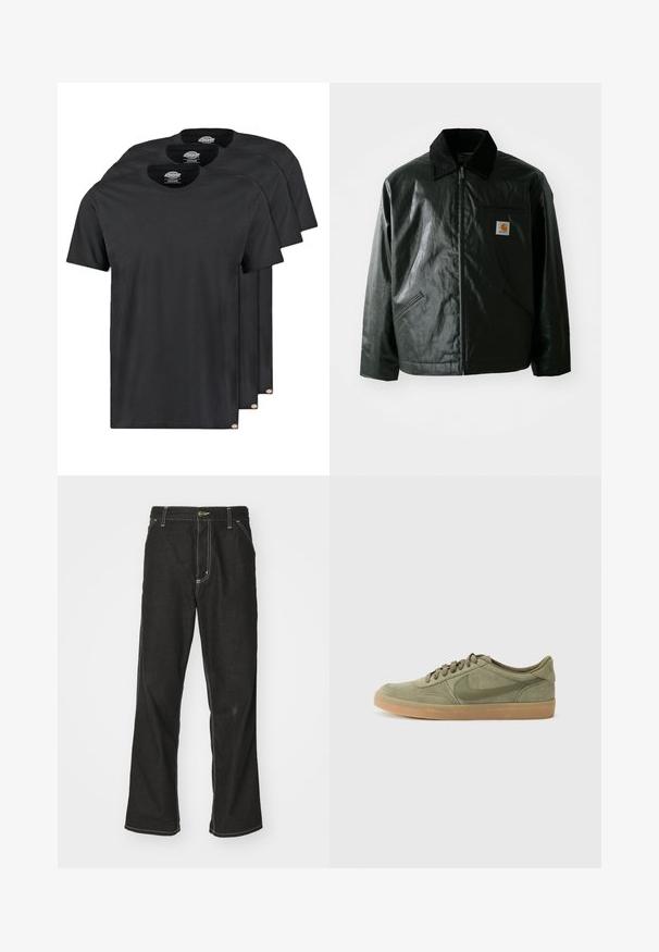 Jachetă neagră cu fermoar, confecționată dintr-un material neted și lucios. Prezintă un guler din catifea, două buzunare frontale și un mic logo brodat pe piept.; Tricouri negre din bumbac, ambalate în pachet de trei. Guler rotund, mâneci scurte și o textură netedă. Etichetă cu logo la tiv.; Jeans negri din denim, cu o croială largă, cu cusături albe contrastante, închidere cu nasture și un design cu picior drept.; Sneaker verde din suede cu talpă din cauciuc, vârf rotund și design cu șireturi. Prezintă logo-ul caracteristic Nike într-o nuanță de verde mai închis.