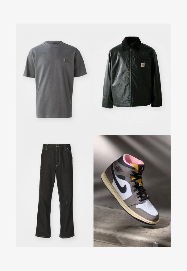 Chaqueta negra con cremallera hecha de un material liso y brillante. Presenta un cuello de pana, dos bolsillos frontales y un pequeño parche con el logo en el pecho.; Camiseta de algodón gris con mangas cortas, que presenta un pequeño parche de logo en el pecho, cuello redondo y un corte relajado.; Jeans de mezclilla negra con un corte holgado, que cuentan con costuras blancas contrastantes, cierre de botón y un diseño de pierna recta.; Zapatilla alta Nike Air Jordan en blanco, gris y negro, con interior rosa y lengüeta amarilla, colocada sobre una superficie de concreto.