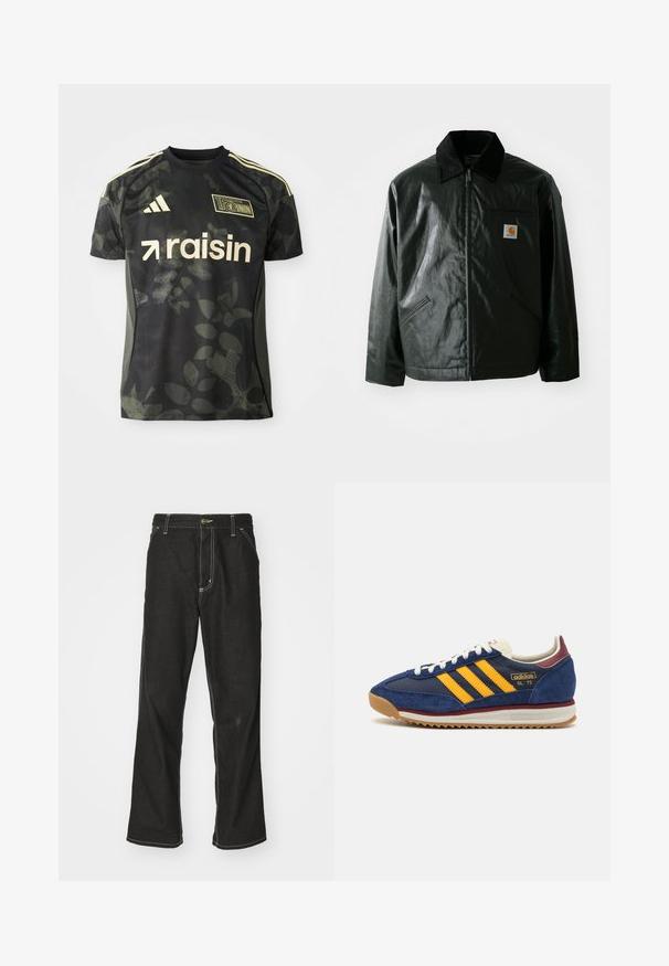 Μαύρο μπουφάν με φερμουάρ, φτιαγμένο από λείο, γυαλιστερό υλικό. Διαθέτει κοτλέ γιακά, δύο μπροστινές τσέπες και μια μικρή ετικέτα λογότυπου στο στήθος.; Μαύρη κοντομάνικη φανέλα με διακριτικό μοτίβο φύλλων, χρυσές λεπτομέρειες και λογότυπο "raisin". Περιλαμβάνει ρίγες Adidas στους ώμους και στρογγυλή λαιμόκοψη.; Μαύρα τζιν παντελόνια με χαλαρή εφαρμογή, που διαθέτουν λευκές ραφές σε αντίθεση, κλείσιμο με κουμπί και ίσια γραμμή.; Ναυτικά σουέτ sneakers με κίτρινες ρίγες, λευκή κορδέλα και μπορντό λεπτομέρειες. Υφασμάτινη σόλα με αυλάκια για πρόσφυση. Λογότυπο της μάρκας στο πλάι.