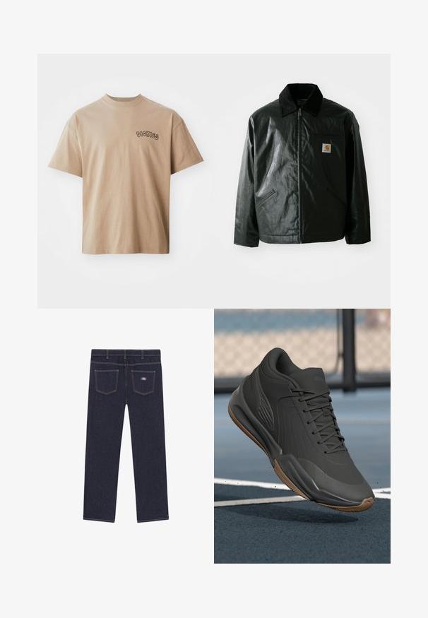 Czarna kurtka zapinana na zamek, wykonana z gładkiego, błyszczącego materiału. Posiada kołnierz z kordurowej tkaniny, dwie przednie kieszenie oraz małą naszywkę z logo na klatce piersiowej.; Beżowa koszulka z krótkim rękawem, wykonana z bawełny, z okrągłym dekoltem i logo "DICKIES" w zaokrąglonym, czarnym foncie na lewej części klatki piersiowej.; Ciemnoniebieskie dżinsy o prostym kroju, z dwoma tylnymi kieszeniami i kontrastowymi żółtymi szwami. Metka marki na prawej kieszeni.; Czarny but sportowy z gładką syntetyczną cholewką, z teksturowanymi akcentami oraz z gumową podeszwą, zaprojektowany z myślą o wydajności i komforcie.