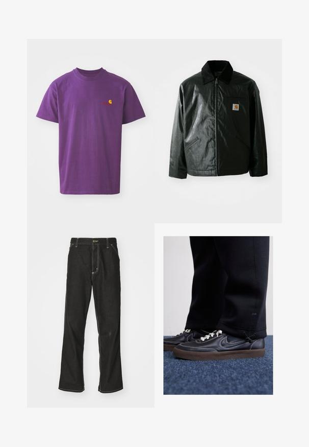 Casaco preto com fecho éclair, feito de material liso e brilhante. Apresenta um colarinho de veludo, dois bolsos frontais e um pequeno emblema no peito.; T-shirt de algodão roxa com decote redondo. Apresenta um pequeno logótipo amarelo e vermelho no lado esquerdo do peito. Mangas curtas, ajuste padrão.; Calças de ganga pretas de corte largo, com costuras brancas em contraste, fecho de botão e design de perna reta.; Nike Sportswear KILLSHOT 2 LTR PRM OPP2 - Sapatilhas - black sail baroque brown mtlc dk grey