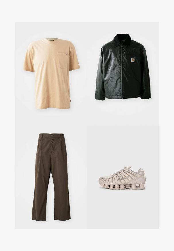 Casaco preto com fecho éclair, feito de material liso e brilhante. Apresenta um colarinho de veludo, dois bolsos frontais e um pequeno emblema no peito.; T-shirt de algodão bege com mangas curtas, decote redondo e um bolso no lado esquerdo do peito. Apresenta uma pequena etiqueta com o logótipo no bolso.; Calças largas, castanhas, feitas de algodão, com fecho frontal por botão, passadores de cinto e uma textura suave e mate.; Shoe desportivo de tom bege claro com parte superior em malha, design estruturado e sola almofadada distinta com secções cilíndricas.