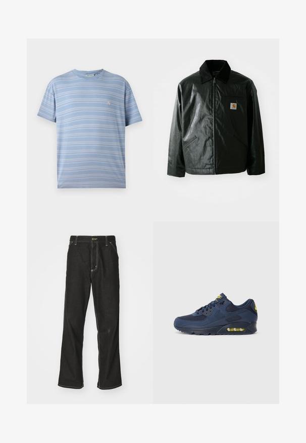 Mustat vetoketjulliset takit, jotka on valmistettu sileästä, kiiltävästä materiaalista. Sisältää kangastakin kauluksen, kaksi etutaskua ja pienen logopatchin rinnassa.; Vaatelahti sininen raidallinen t-paita, jossa on vaaleita valkoisia vaakaraitoja, pyöreä kaula-aukko ja pieni vaaleanpunainen logo vasemmassa rinnassa. Pehmeä puuvillakangas.; Mustat farkut, joissa on löysä istuvuus, erottuva valkoinen ompelu, nappikiinnitys ja suora lahje.; Laivastonsiniset Nike Air Max -lenkkarit, joissa on mokkabukseista ja verkkomateriaalista valmistettu yläosa, keltaisia yksityiskohtia, nyöritys etuosassa ja näkyvä ilmanvaimennus pohjassa.