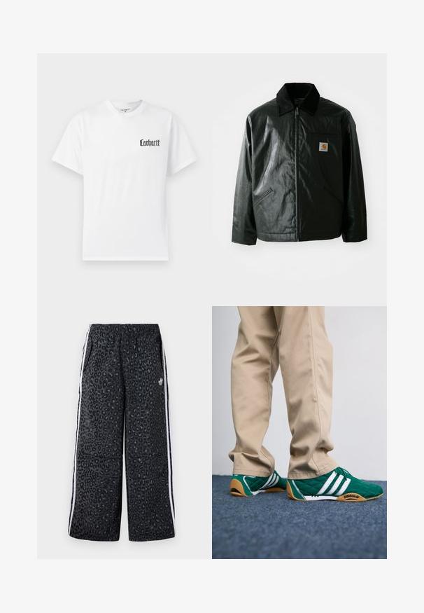 Crna zip-up jakna izrađena od glatkog, sjajnog materijala. Ima okovratnik od kordura, dva prednja džepa i mali logotip na prsima.; Bijela pamučna majica s kratkim rukavima, koja na lijevoj strani prsa sadrži crni "Carhartt" logo u stiliziranom fontu.; adidas Originals GRAPHIC UNISEX - Donji dijelovi trenirke - black; Zelene kvadrate tenisice s bijelim prugama i smešim gumenim potplatima, uparene s bež hlačama. Dizajn se odlikuje niskim profilom i teksturiranim materijalom.