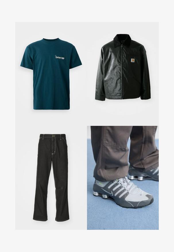 Μαύρο μπουφάν με φερμουάρ, φτιαγμένο από λείο, γυαλιστερό υλικό. Διαθέτει κοτλέ γιακά, δύο μπροστινές τσέπες και μια μικρή ετικέτα λογότυπου στο στήθος.; Τελειουργήματος βαμβακερό μπλουζάκι σε τόνους τιρκουάζ με κοντά μανίκια και στρογγυλή λαιμόκοψη. Διαθέτει γραφική εκτύπωση του "Carhartt WIP" στο μπροστινό μέρος σε λευκό χρώμα.; Μαύρα τζιν παντελόνια με χαλαρή εφαρμογή, που διαθέτουν λευκές ραφές σε αντίθεση, κλείσιμο με κουμπί και ίσια γραμμή.; Γκρίζα και ασημένια αθλητικά παπούτσια Nike Shox με κομψό σχεδιασμό, από πλέγμα και συνθετικά υλικά, στρογγυλή μύτη και επενδεδυμένο κολάρο.