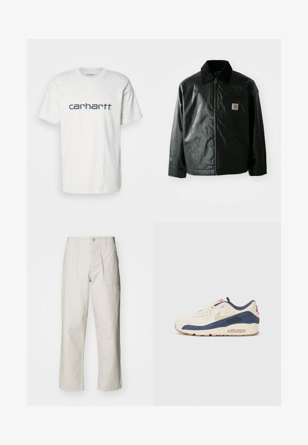Svart zip-up jakke laget av jevnt, blankt materiale. Har en kordfløyelskrage, to frontlommer og en liten logo-lapp på brystet.; Carhartt WIP SCRIPT - T-shirts med print - ash heather/duck blue; Lyse beige vide bukser laget av bomull. Har frontlommer og knappelukking. Jevn tekstur med subtile vertikale linjer.; Sko med overdel i kremfarget lær og marineblå semsket skinn, med synlig luftsåle, beige gummisåle og rød detalj på hælen.