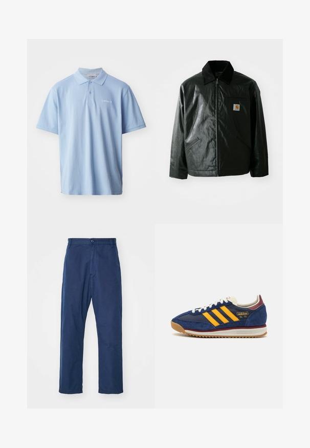 Schwarze Zip-Jacke aus glattem, glänzendem Material. Verfügt über einen Cordkragen, zwei Fronttaschen und ein kleines Logo-Patch auf der Brust.; Hellblaues Baumwoll-Polohemd mit kurzen Ärmeln, Drei-Knopf-Leiste und gesticktem Logo auf der linken Brust. Glatte Textur.; Marineblau, gerade geschnittene Hose aus Baumwolle. Mit einem Frontknopfverschluss und subtiler Textur, sowie Seitentaschen und Gürtelschlaufen.; Marineblaues Wildleder-Sneaker mit gelben Streifen, weißen Schnürsenkeln und burgunderfarbenen Akzenten. Texturierte Sohle mit Rillen für besseren Grip. Markenlogo an der Seite.