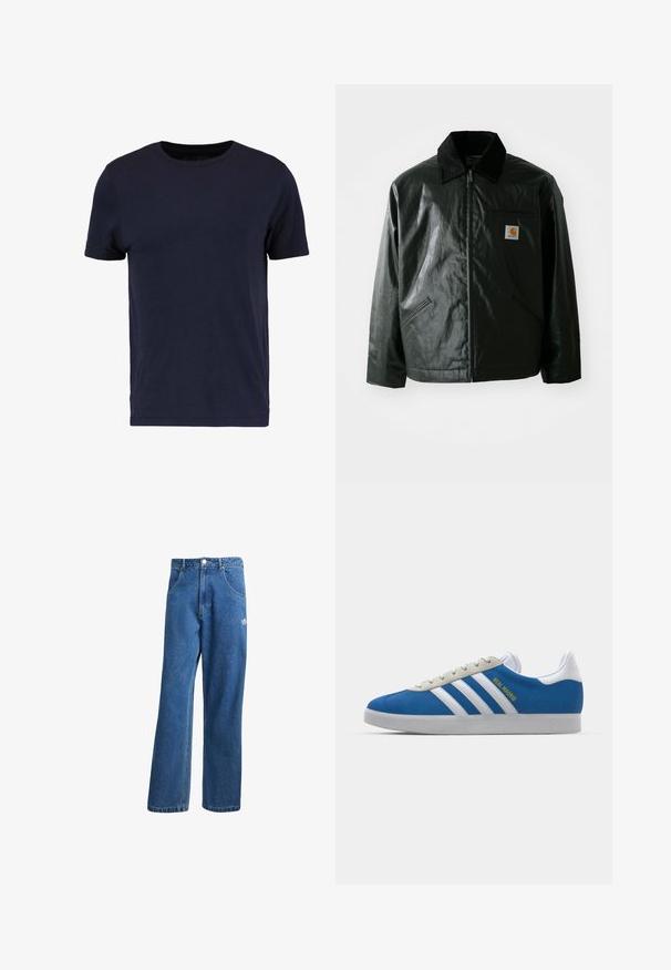 Must mustaga, läikiva materjaliga musta värvi jakk. Omab kordonilõikega kraed, kahte esikäe taskut ja väikest logo sildi rinnal.; Pier One Lihtne T-särk - dark blue; Sinine kõrge vöökohaga avar jakkidega teksapükse, millel on ees taskud, vöökoharingid, nupuga sulgemine ja väike Adidas'i logo paremal reiel.; adidas Originals ADIDAS GAZELLE SHOES - Saalijalgpalli saapad - real madrid/bluebird/footwear white/crew yellow