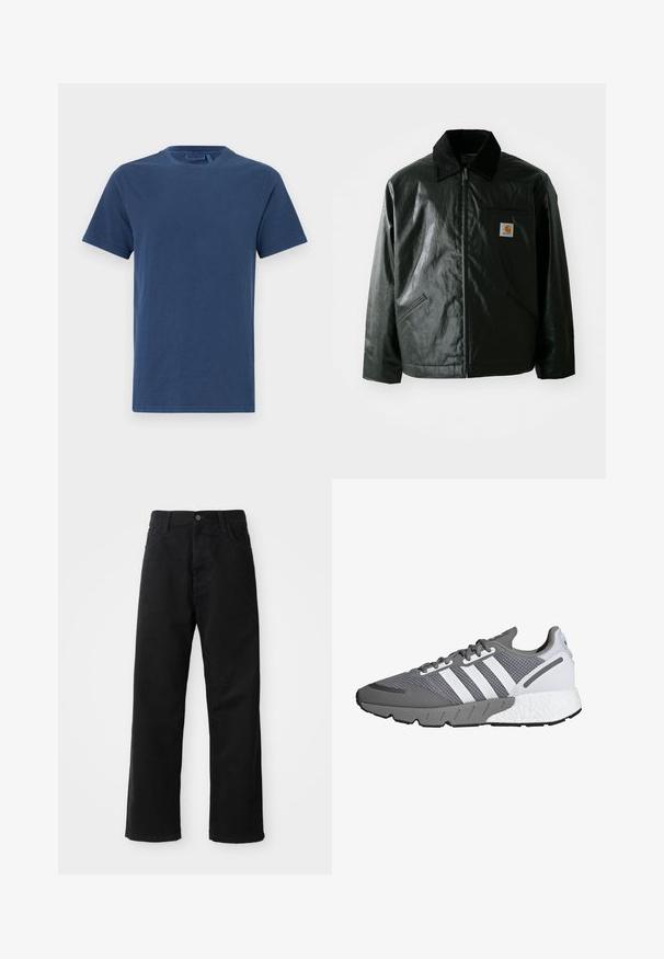 Jachetă neagră cu fermoar, confecționată dintr-un material neted și lucios. Prezintă un guler din catifea, două buzunare frontale și un mic logo brodat pe piept.; Tricou din bumbac bleumarin, cu guler rotund, mâneci scurte și croială dreaptă. Textură netedă, fără modele sau embellishments vizibile.; Pantaloni din denim negri cu croi drept, având buzunare frontale, fermoar și un singur buton la partea superioară. Țesătură texturată cu un finisaj mat.; Adidași gri și albaștri cu un material de plasă, trei dungi albe, o talpă cu amortizare și o talpă din cauciuc gri texturat.