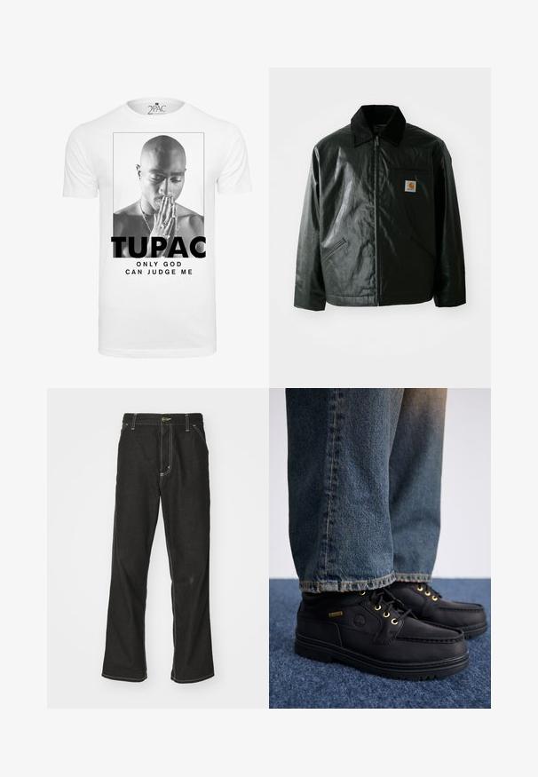 Svart zip-up jacka gjord av slätt, glänsande material. Har en manchesterkrage, två framfickor och en liten logotyp på bröstet.; Vit bomull t-shirt med en svart och vit grafik av en man som håller händerna i bön, med texten "TUPAC" och "ONLY GOD CAN JUDGE ME."; Svarta denimjeans med en lös passform, med kontrasterande vita sömmar, knäppning och raka ben.; Svart läderskor med guldfärgade snörhål och en strukturerad yta, tillsammans med blå denimjeans. Skorna har en lagerbyggd sula och detaljerad logotyp.