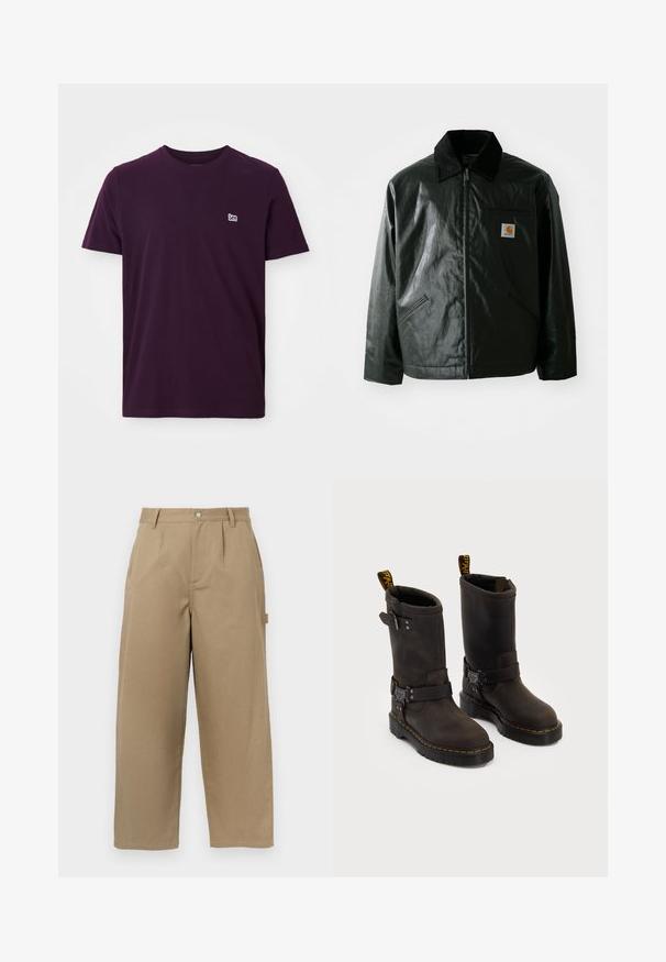Black zip-up jacket made of smooth, shiny material. Features a corduroy collar, two front pockets, and a small logo patch on the chest.; Dark purple cotton t-shirt with short sleeves, crew neckline, and small white logo on the left chest. Soft, smooth texture.; Beige wide-leg trousers made of cotton blend, featuring a high waist, front pleats, and two side pockets with a button closure.; Dark brown leather boots with a mid-calf design, yellow stitching, adjustable buckle straps, and pull tabs on the top. Textured finish.